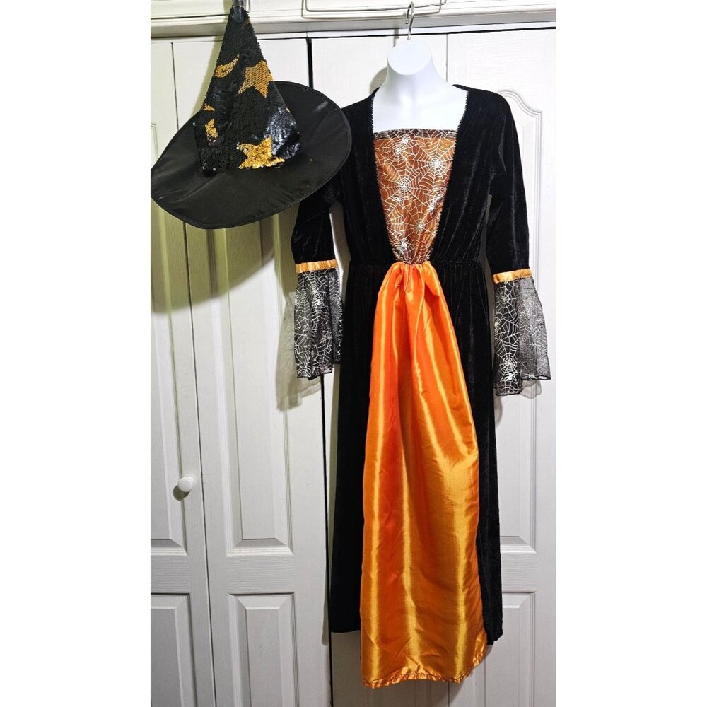 Witch Costume Girls 10-12 Orange Black Satin Velvet Dress Hat Pretty Halloween
